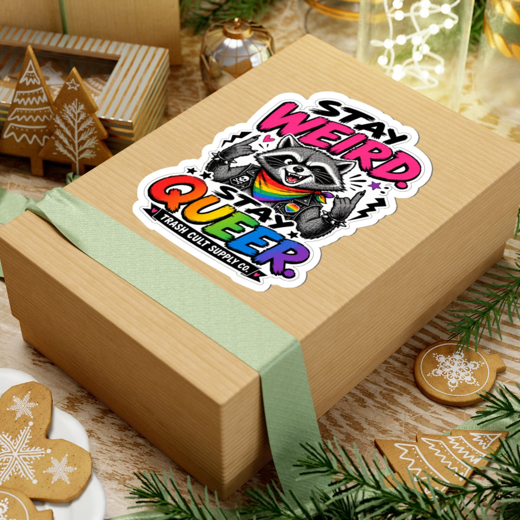 Stay Weird Stay Queer Sticker — Rainbow Raccoon LGBTQ Pride Kiss-Cut Sticker