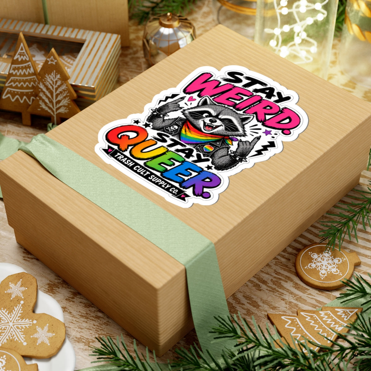 Stay Weird Stay Queer Sticker — Rainbow Raccoon LGBTQ Pride Kiss-Cut Sticker