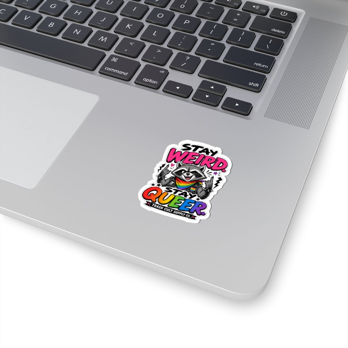 Stay Weird Stay Queer Sticker — Rainbow Raccoon LGBTQ Pride Kiss-Cut Sticker - ATE