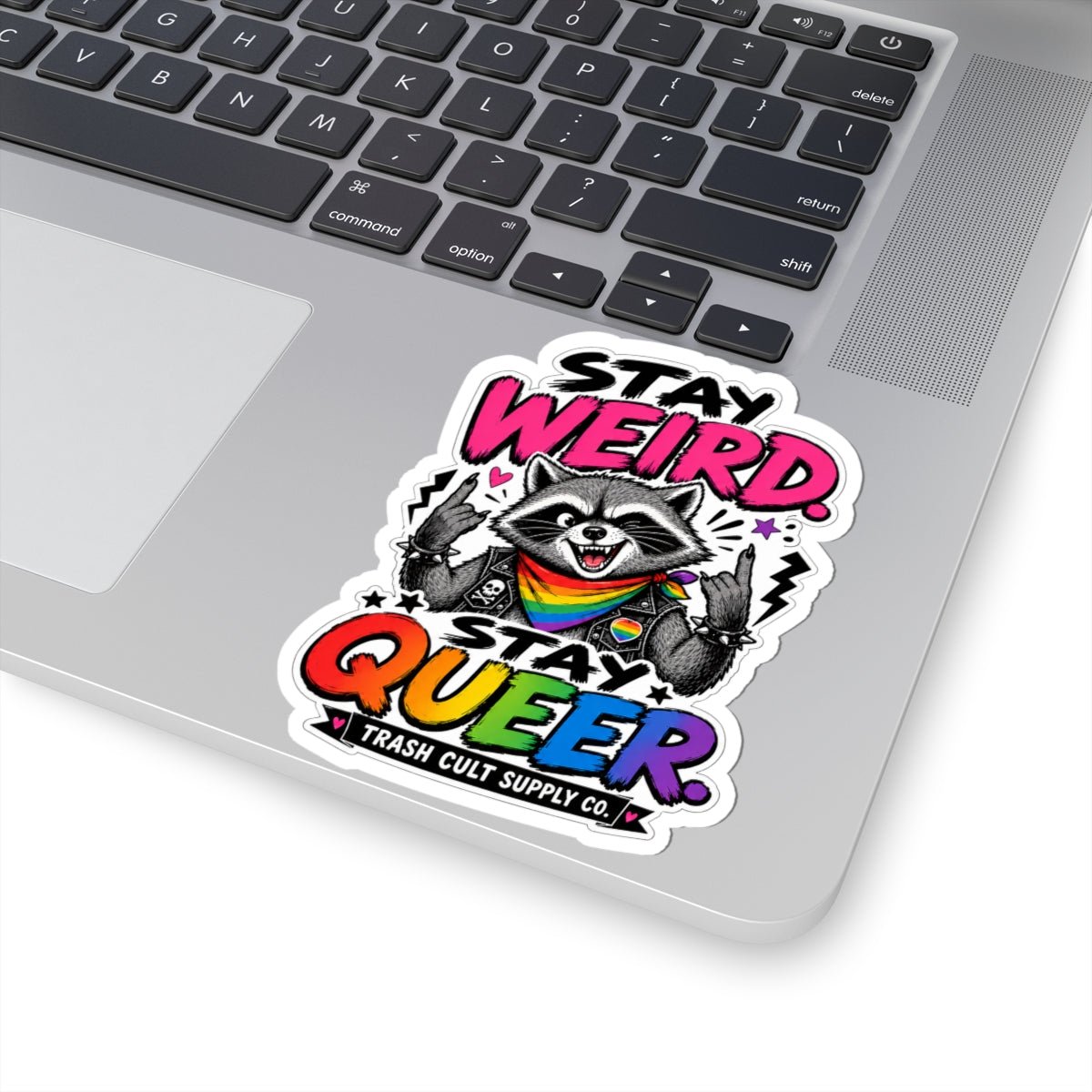Stay Weird Stay Queer Sticker — Rainbow Raccoon LGBTQ Pride Kiss-Cut Sticker - ATE