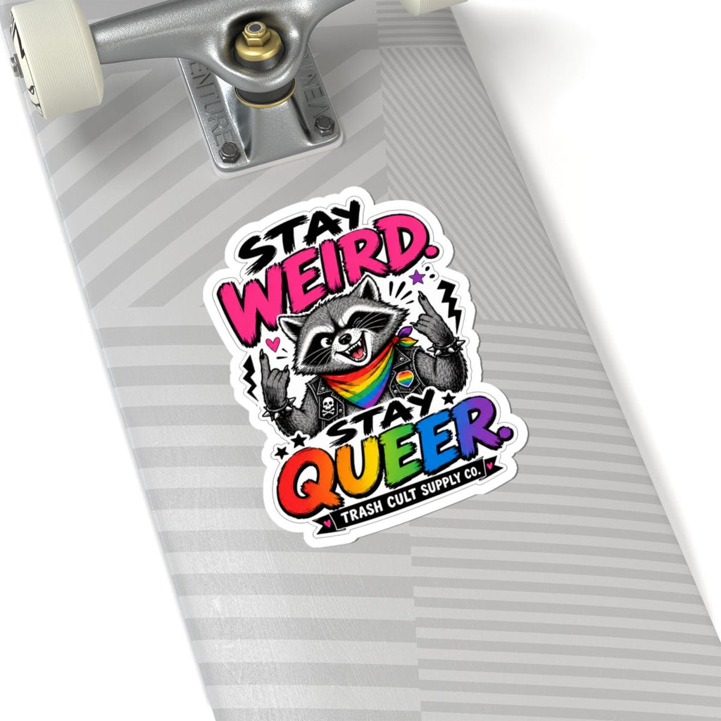 Stay Weird Stay Queer Sticker — Rainbow Raccoon LGBTQ Pride Kiss-Cut Sticker - ATE