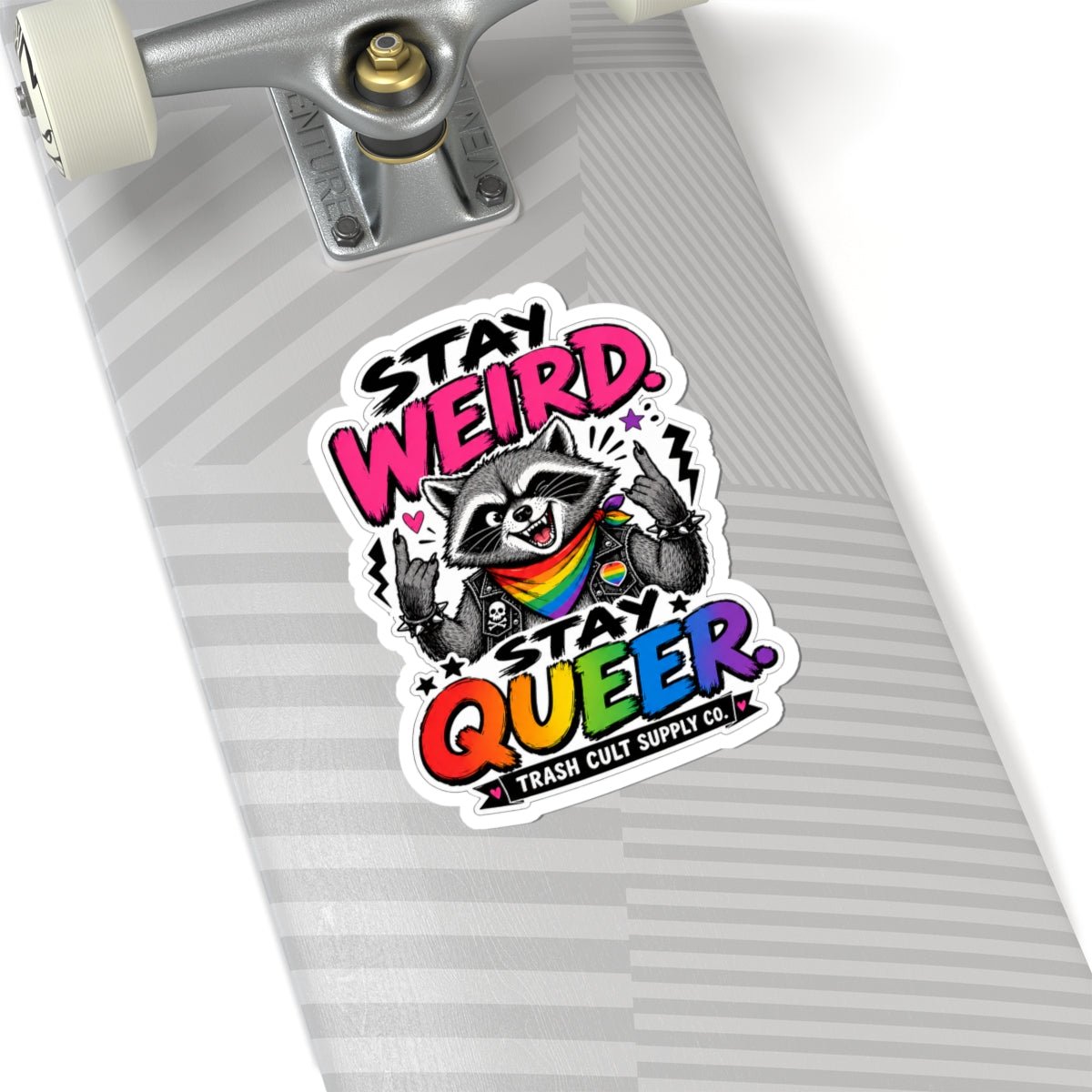 Stay Weird Stay Queer Sticker — Rainbow Raccoon LGBTQ Pride Kiss-Cut Sticker - ATE